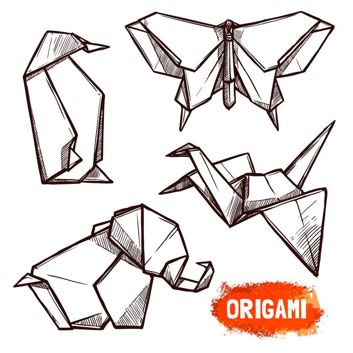 手绘涂鸦风格动物折纸千纸鹤图案免抠矢量图片素材