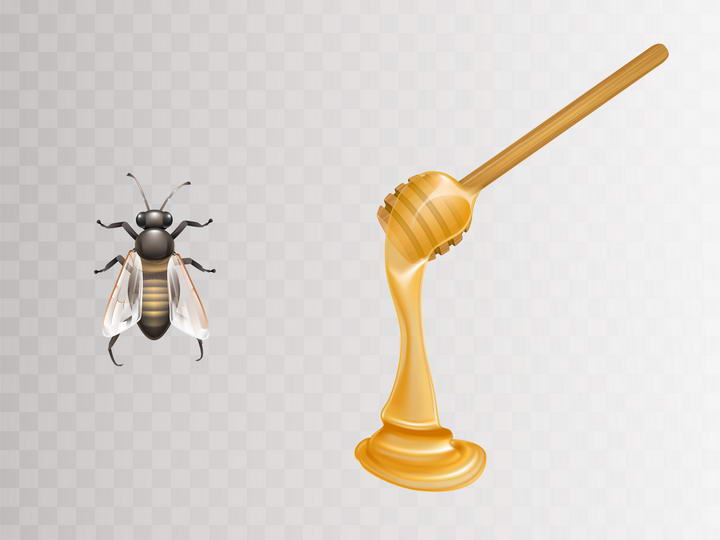 逼真的蜜蜂和蜂蜜棒上粘稠的蜂蜜免抠矢量图片素材