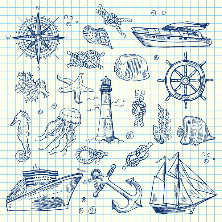 圆珠笔涂鸦手绘简笔画风格海洋主题图片免抠素材合集