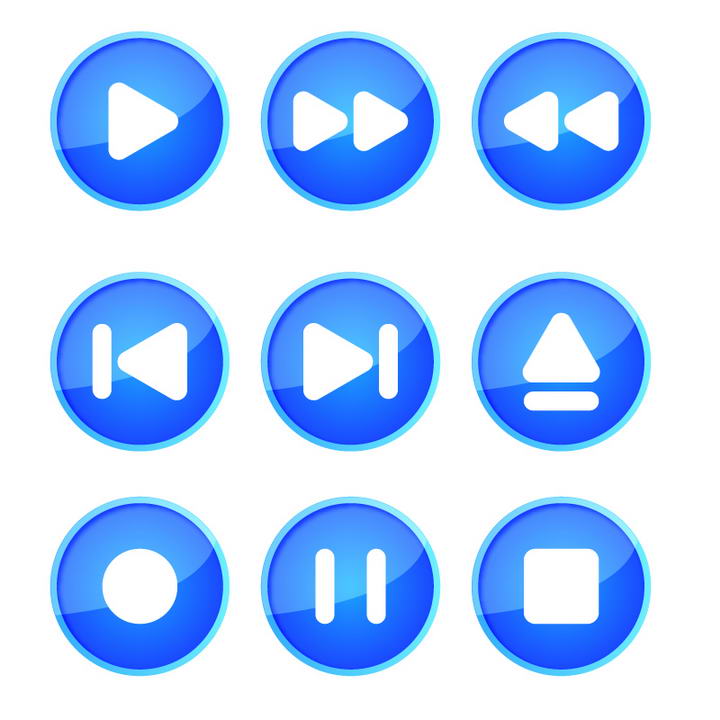 9款圆形水晶按钮蓝色播放器播放按钮图片免抠素材