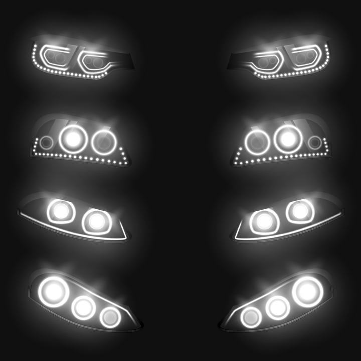4款白色黑暗中发光的汽车车头大灯图片免抠素材