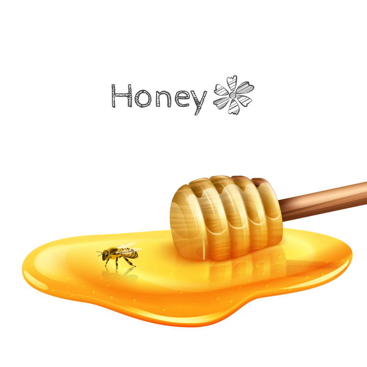 创意蜂蜜棒上流淌下来的蜂蜜和小蜜蜂免抠矢量图片素材