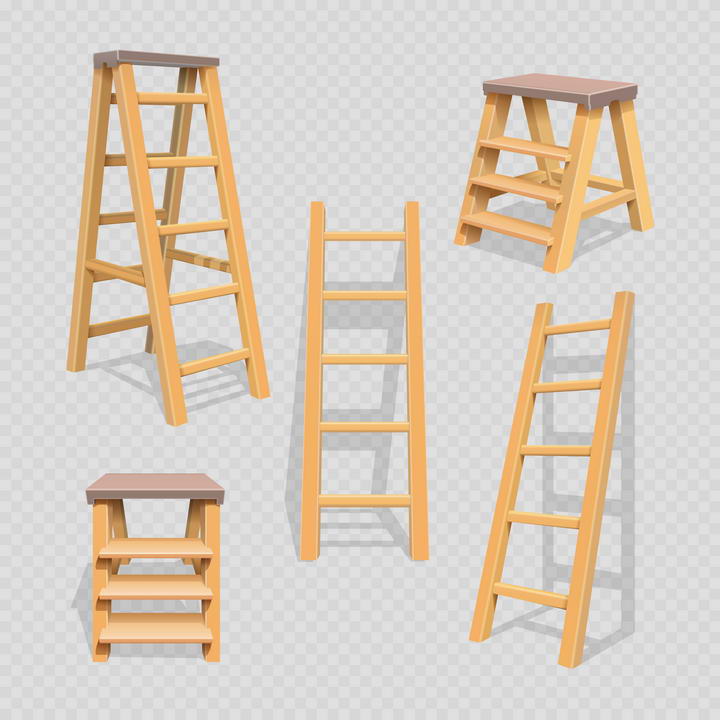 5款不同形状的木质梯子扶梯免抠矢量图片素材