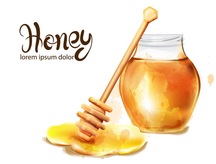 水彩画风格玻璃罐中的蜂蜜和蜂蜜棒免抠矢量图片素材
