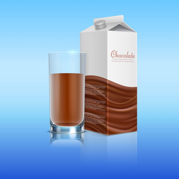 盒装的巧克力牛奶和玻璃杯中的饮料免抠矢量图片素材