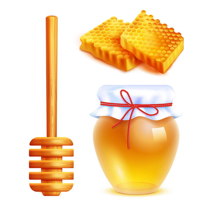 逼真的密封好的蜂蜜罐蜂巢蜜和蜂蜜棒免抠矢量图片素材