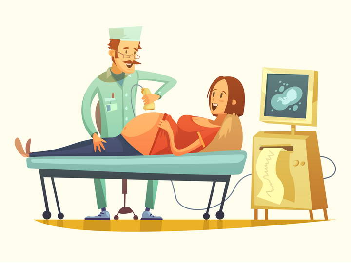 卡通插画漫画风格正在接受医生检查的孕妇免扣图片素材