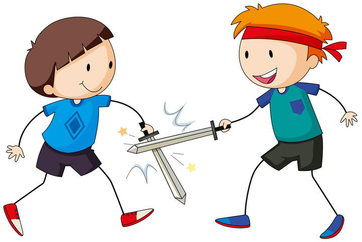 两个卡通可爱的小男孩正在玩击剑免扣图片素材