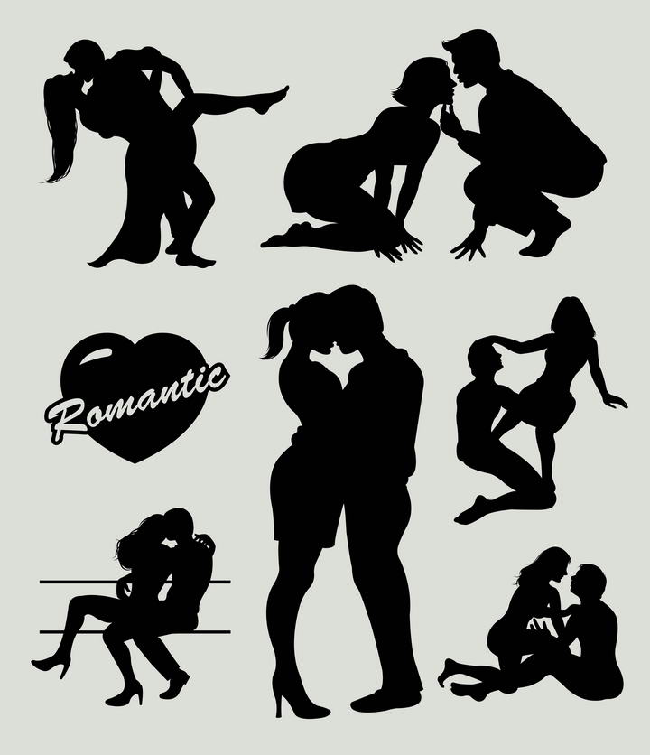 6款调情亲吻拥抱在一起的情侣人物剪影免扣图片素材
