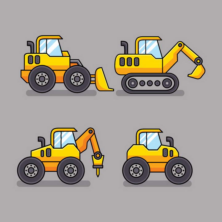 四款可爱卡通风格挖掘机压路机铲车等工程车辆侧视图免抠矢量图片素材