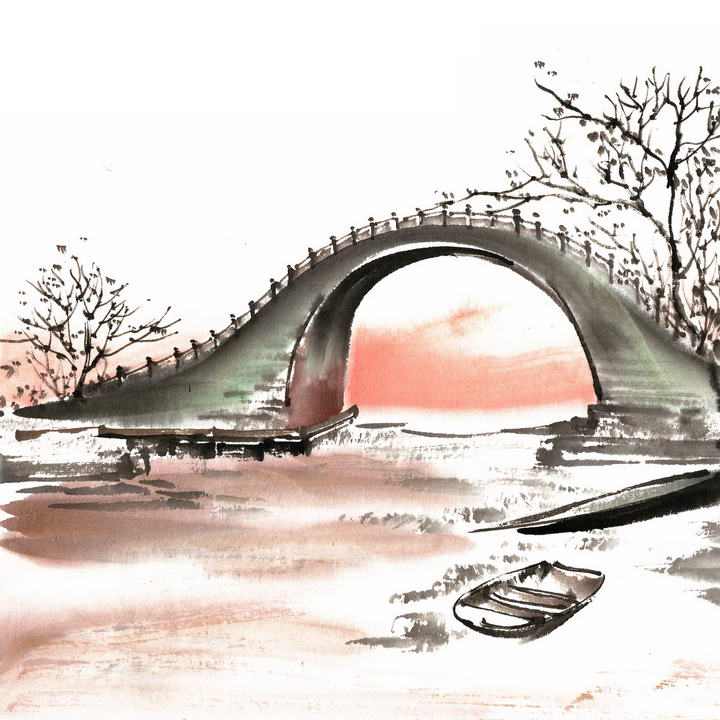彩色水墨画风格中国传统建筑拱桥小河风景图png免抠图片