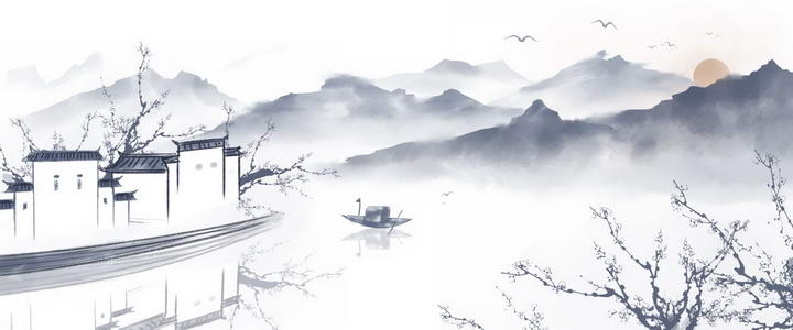 水墨画风格中国传统建筑乡村风景图png免抠图片