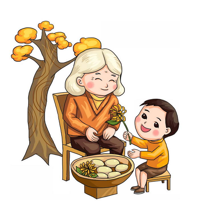 秋天重阳节敬老和奶奶一起赏菊做糕点png免抠图片