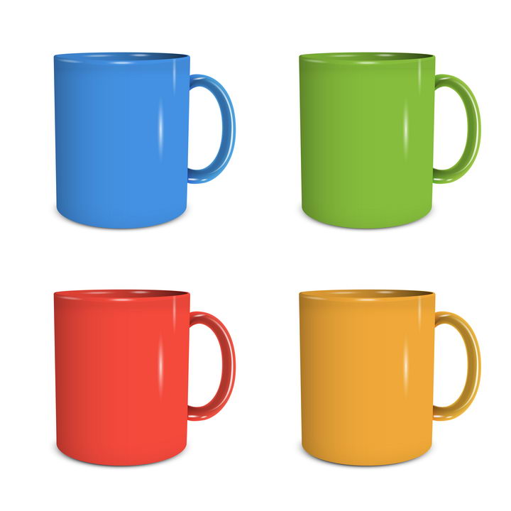 4种颜色的水杯搪瓷杯图片免抠矢量图
