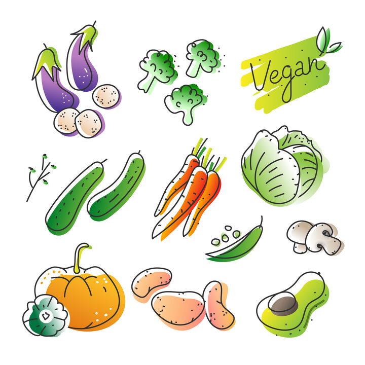 10种手绘风格蔬菜茄子西蓝花黄瓜胡萝卜等图片免抠矢量图