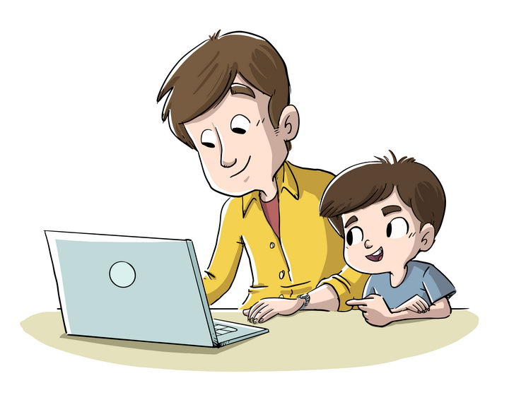 手绘卡通插画风格和爸爸一起用电脑的孩子图片免抠矢量图