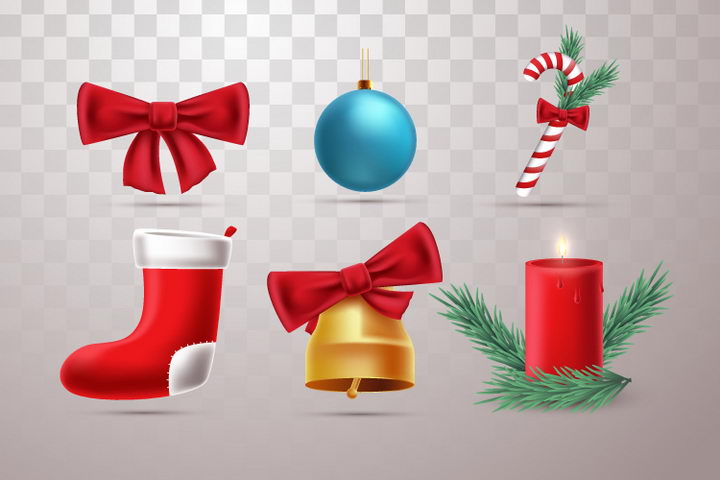 6种圣诞节装饰物品蝴蝶结圣诞球袜子铃铛蜡烛等图片免抠矢量图