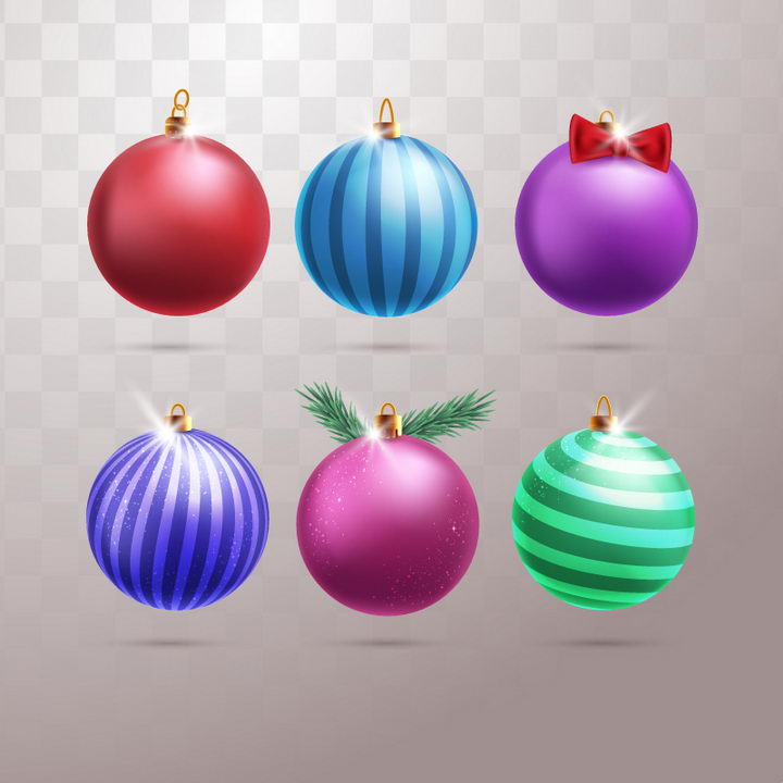 6种圣诞节装饰彩色条纹圣诞球图片免抠矢量图