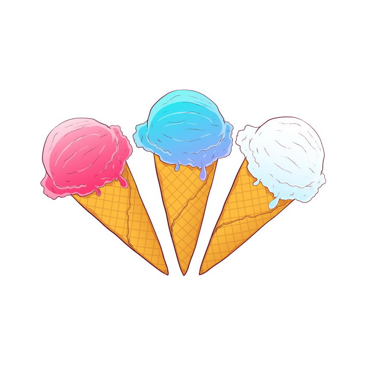 三个不同颜色的手绘风格冰淇淋冷饮图片免抠素材
