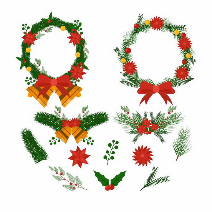 各种圣诞节装饰花环和树叶圣诞果圣诞铃铛免抠图片素材