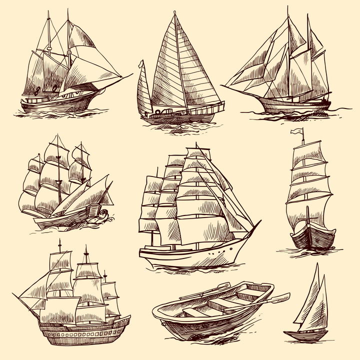 9款复古手绘线条插画插图风格帆船小木船免抠矢量图片素材 交通运输-第1张