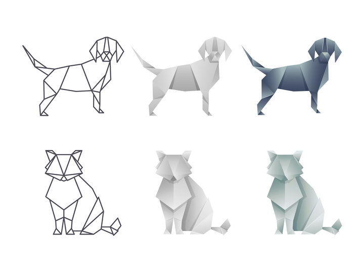 两种不同风格的折纸风格小狗和狐狸图片免抠素材