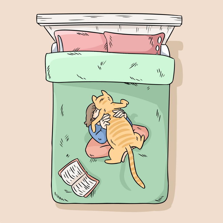 卡通抱着猫咪在床上玩耍的女孩图片免抠素材 插画-第1张