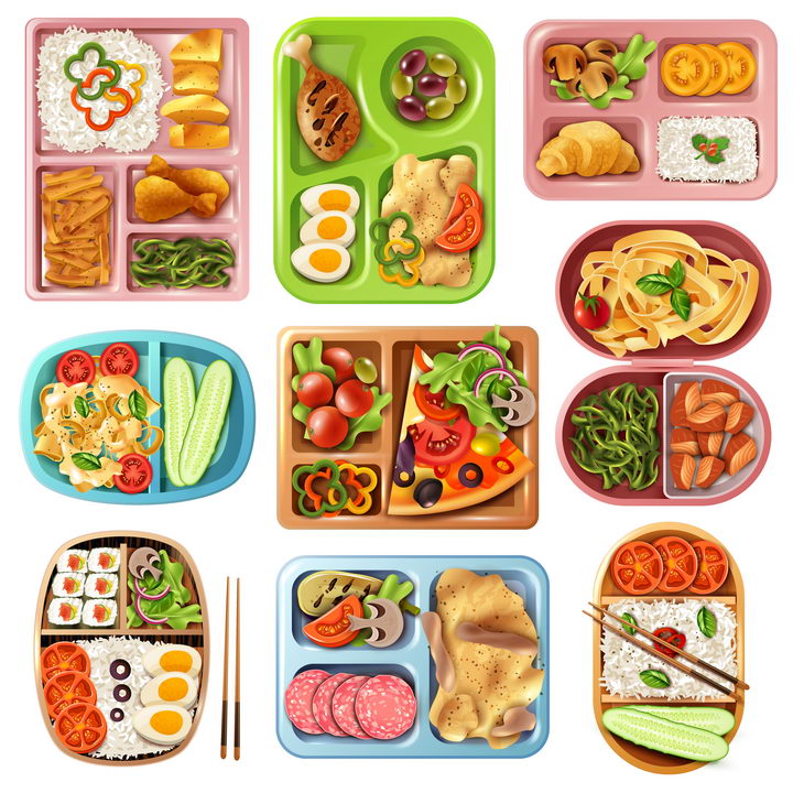 9款各种不同形状的食堂餐具餐盘美食图片免抠素材
