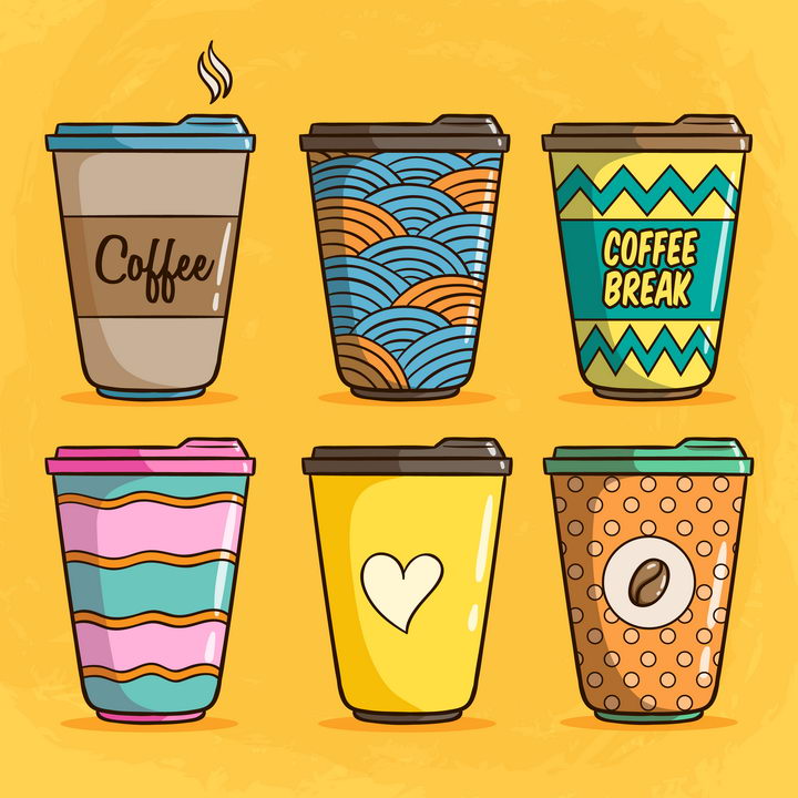 设计盒子为您提供6款不同图案的卡通咖啡杯图片免抠矢量素材免费下载