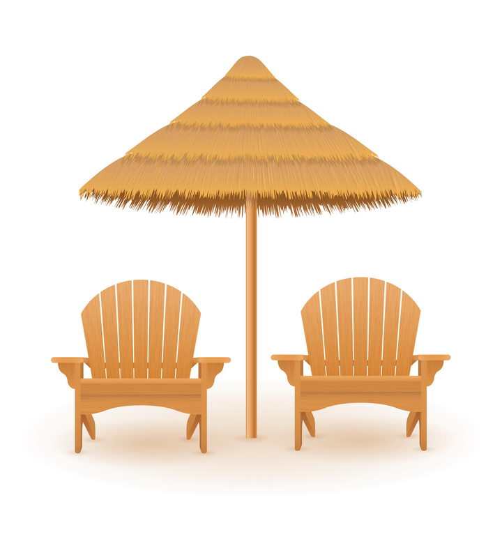 夏日海滩上的草制遮阳伞和躺椅正面图免抠矢量图片素材