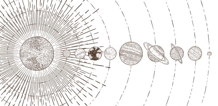 手绘简笔画插画风格排列在一条线上的太阳系九大行星结构图天文科普