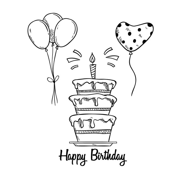 手绘生日蛋糕生日气球简笔画图片免抠素材 简笔画-第1张