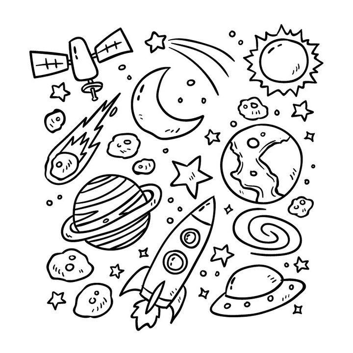 手绘简笔画风格太阳系行星卫星宇宙探索天文科普图片免抠素材 科学地理-第1张
