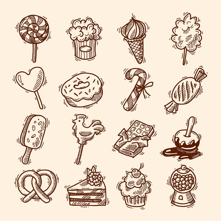 16款复古手绘线条插画插图风格零食糖果冰淇淋蛋糕等美食免抠矢量图片素材 生活素材-第1张