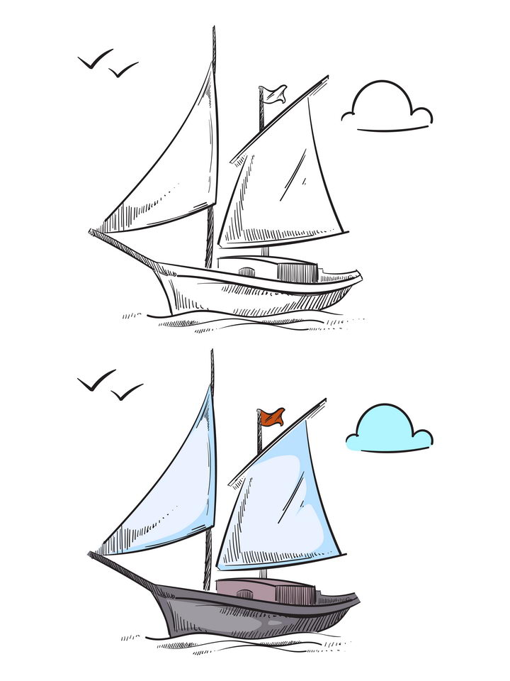 手绘素描和上色的帆船船舶图片免抠素材
