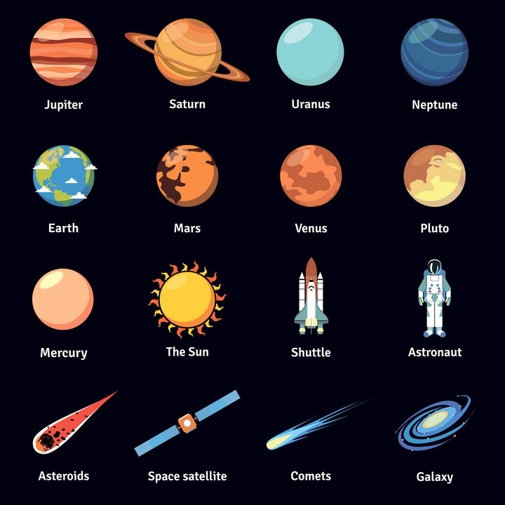 扁平化风格太阳系八大行星和航天飞机卫星等天文科普图片免抠素材 科学地理-第1张