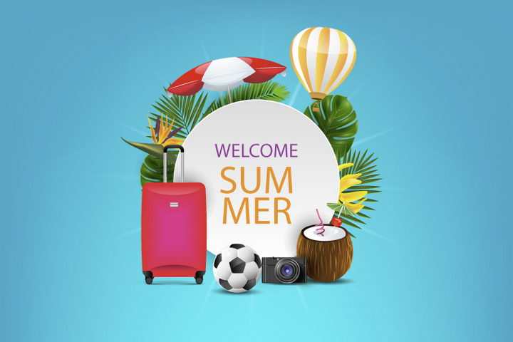 唯美风格的夏日热带海岛旅行标题框装饰旅行下热气球等免抠矢量图片素材