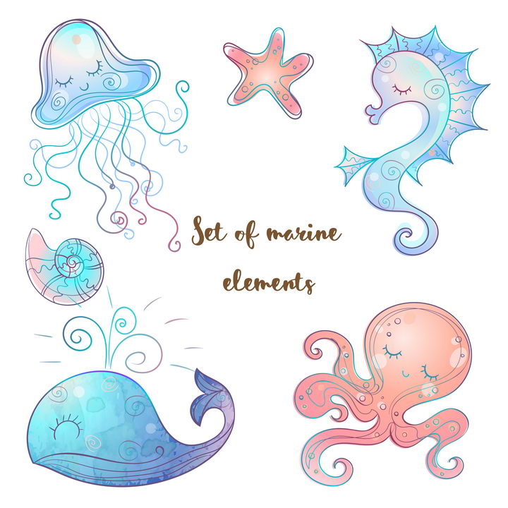 唯美风格可爱的卡通水母海马鲸鱼章鱼海螺和海星等海洋生物图片免抠素材
