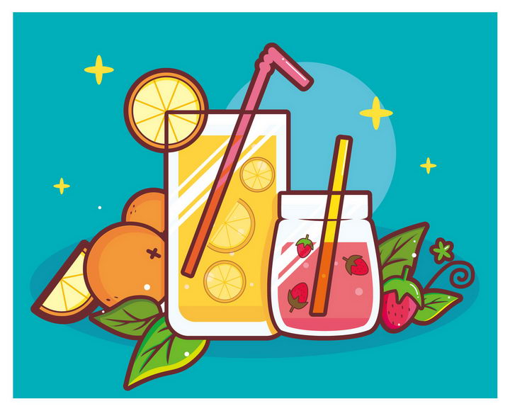手绘卡通风格水果茶饮料橙汁草莓汁免抠矢量图片素材
