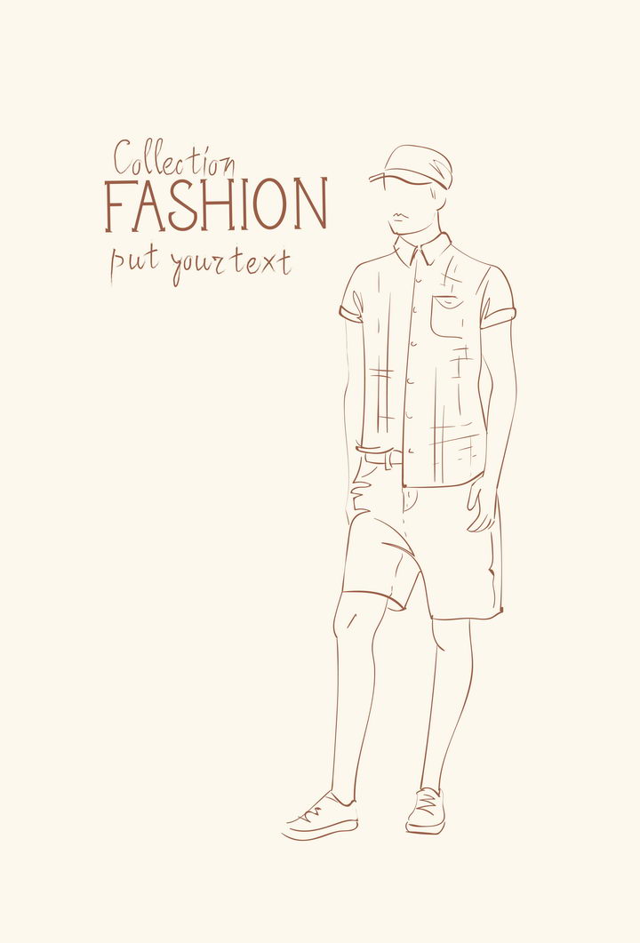 简约线条风格时尚帽子短裤休闲男装时装设计草图图片免抠矢量素材 人物素材-第1张