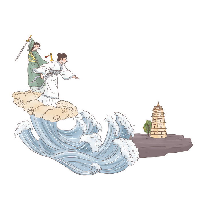 白娘子水漫金山寺中国传统神话人物传说故事手绘彩色插图图片免抠png