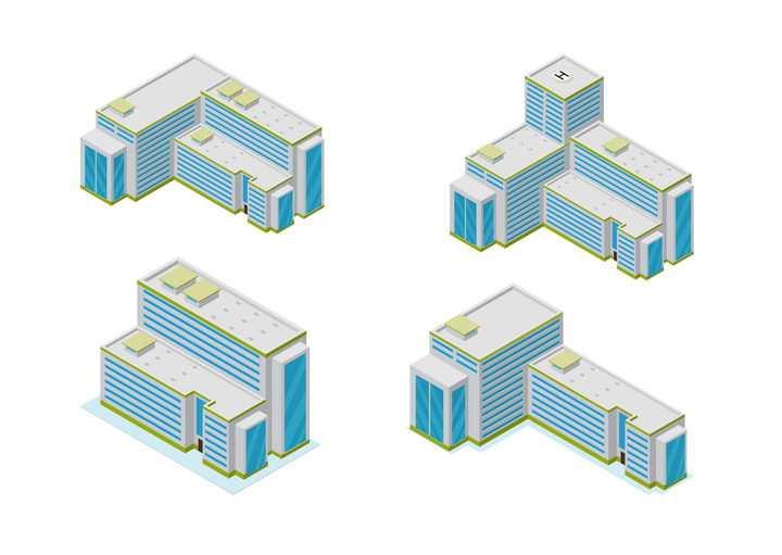4款蓝绿灰色城市建筑医院大楼图片免抠矢量图素材