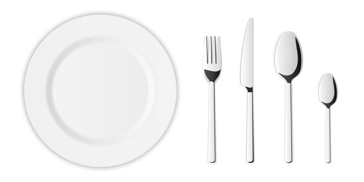俯视视角的逼真白色餐盘和刀叉勺子餐具组合图片免抠矢量素材 生活素材-第1张