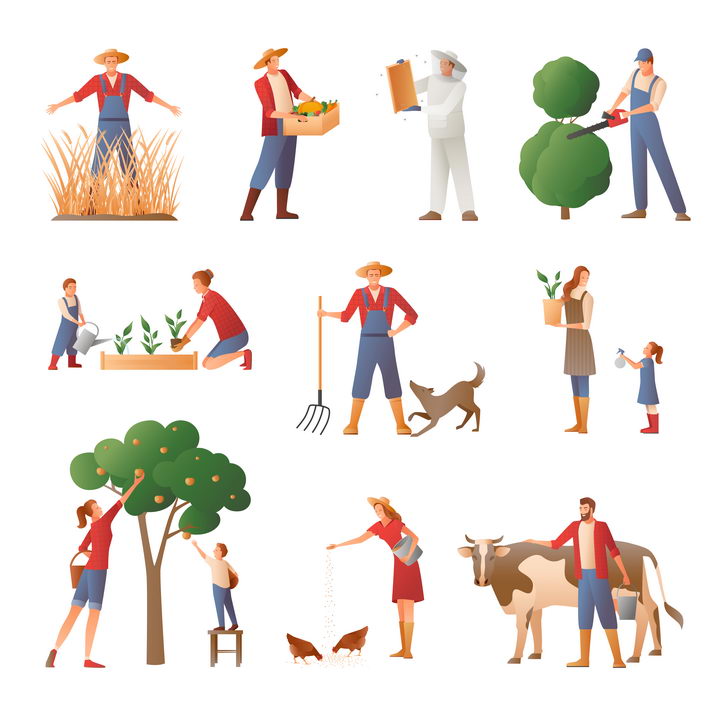 扁平插画风格农场农夫农民的各种工作图片免抠素材 人物素材-第1张