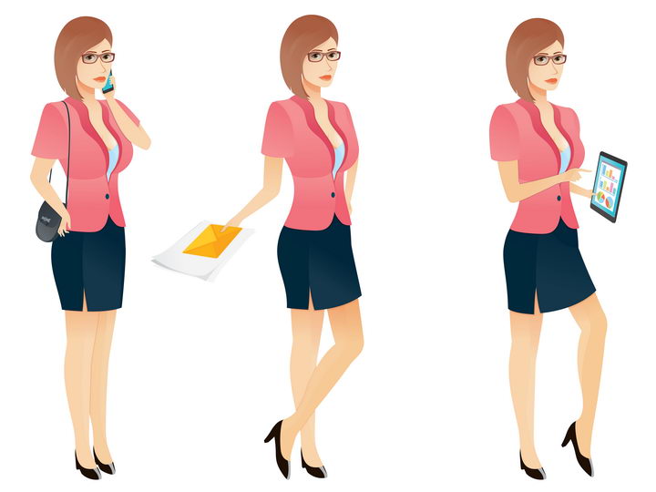 3款身穿职业装的卡通美女秘书商务人士职场女性正在为你展示数据报表文件图片免抠矢量素材 人物素材-第1张