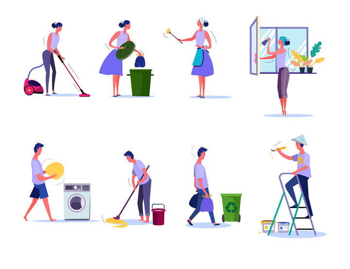 8款扁平插画风格正在大扫除打扫卫生的家庭主妇和男人图片免抠矢量