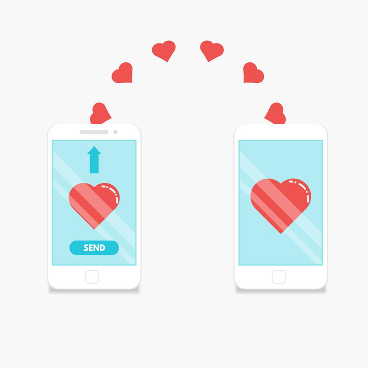 两个手机之间正在发送爱心红心象征了网络交友和爱情图片免抠矢量素材 IT科技-第1张