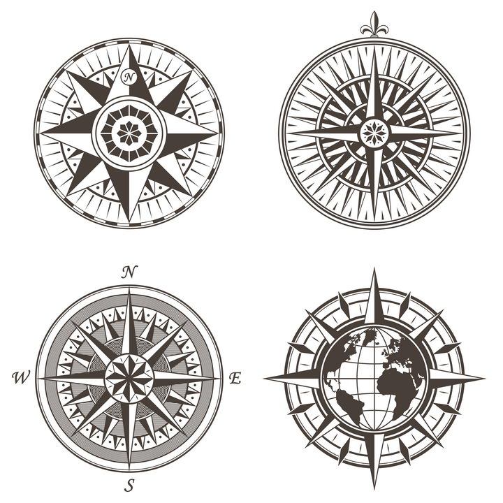 4款复古风格的指南针指北针罗盘图片免抠矢量素材 设计盒子