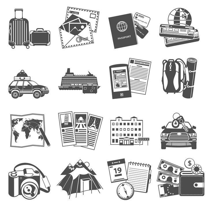 黑白色风格的旅行箱明信片护照等旅游用品图片免抠矢量素材 休闲娱乐-第1张