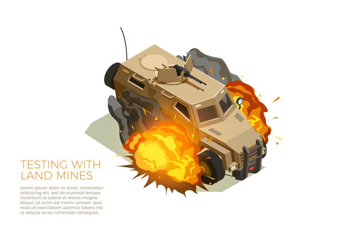 2.5D风格漫画风格踩到地雷发生爆炸的装甲车军事装备图片免抠矢量素材 军事科幻-第1张